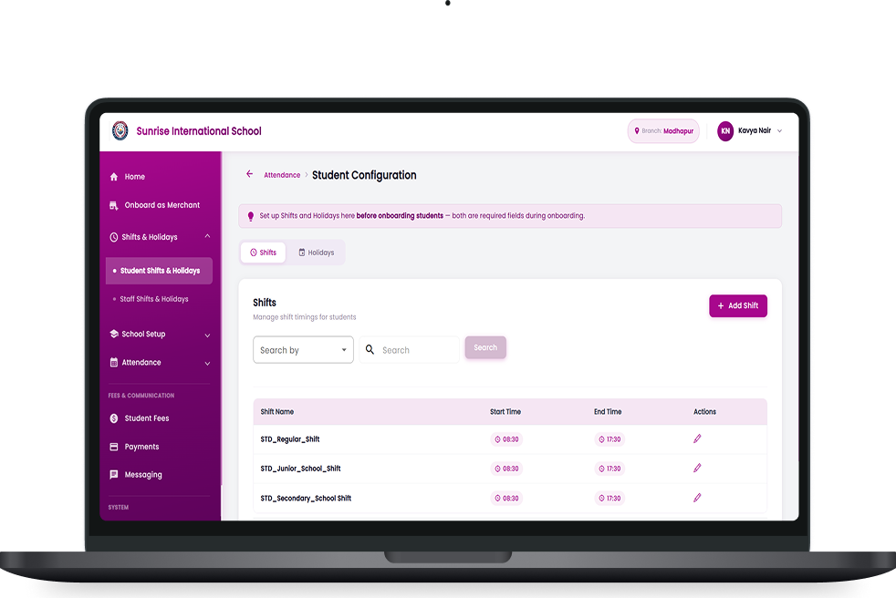 Student & Shift Configuration Dashboard