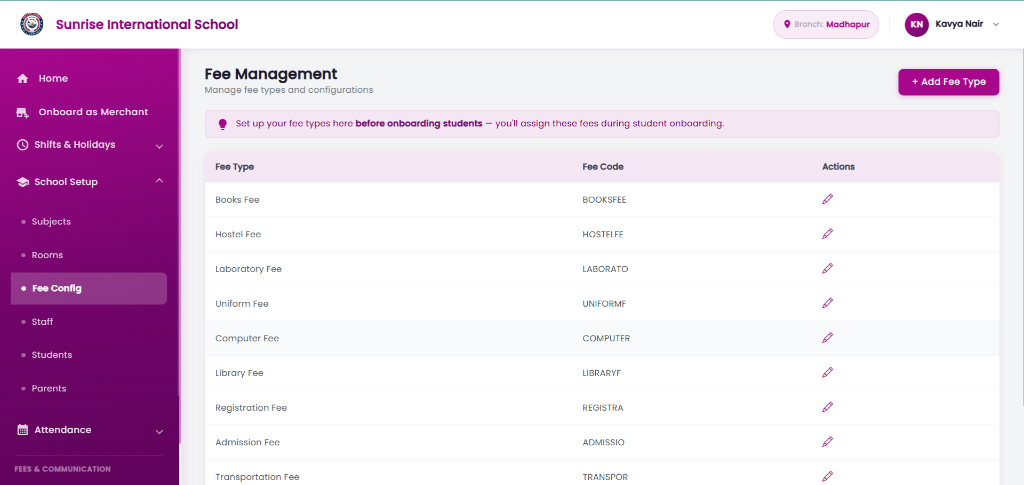 Fee Management Interface
