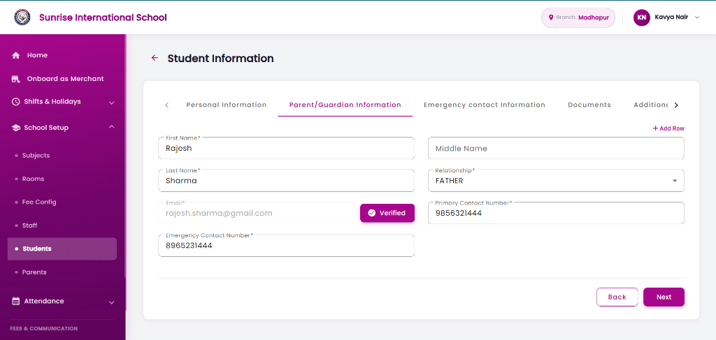 Parent & Guardian Details Interface