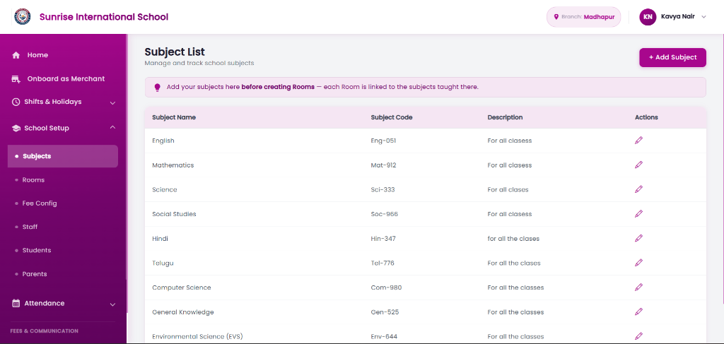 Subjects & Classes Interface